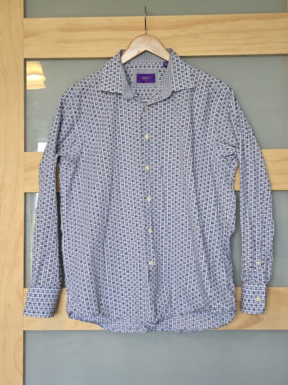TALLIA Navy White And Brown Micro-Pattern Long-Sleeve Dress Shirt